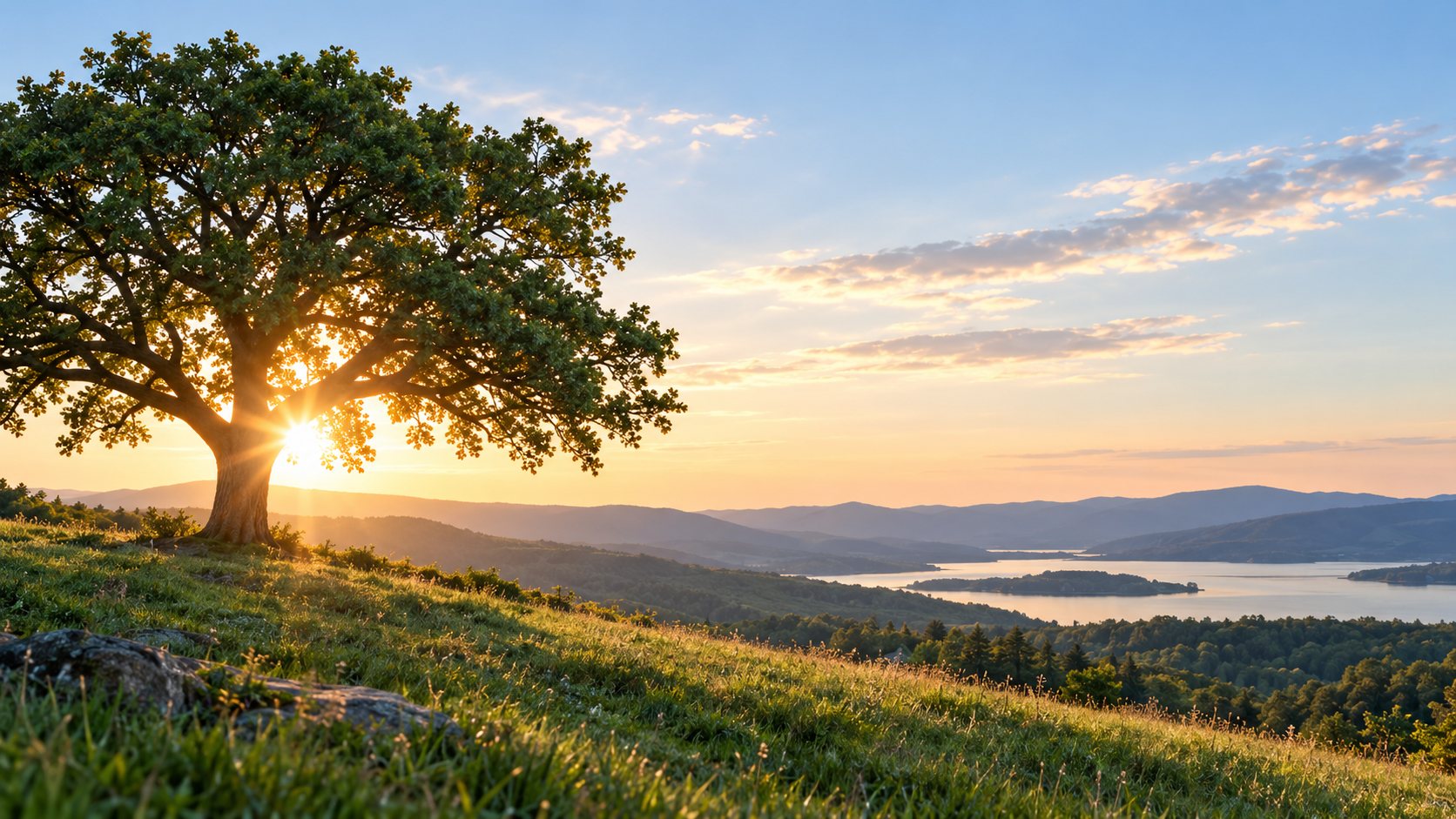 A lone tree on a grassy hillside at sunrise, overlooking a lake