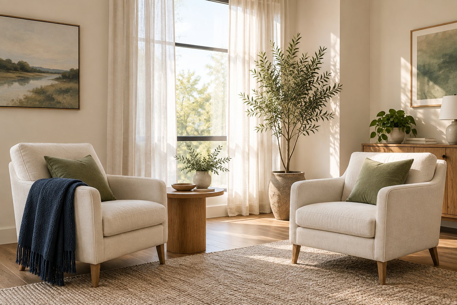 A bright, calm therapy room with two armchairs, plants and sheer curtains