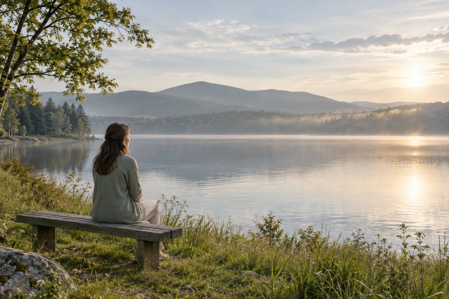 A woman sitting on a bench beside a misty lake at sunrise