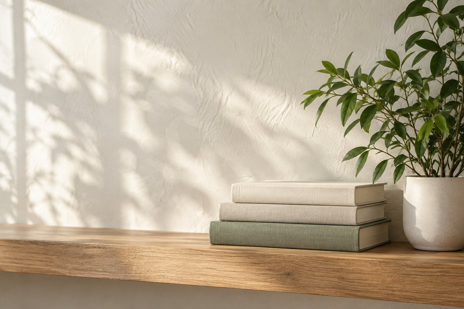 Stacked books and a plant on a sunlit wooden shelf