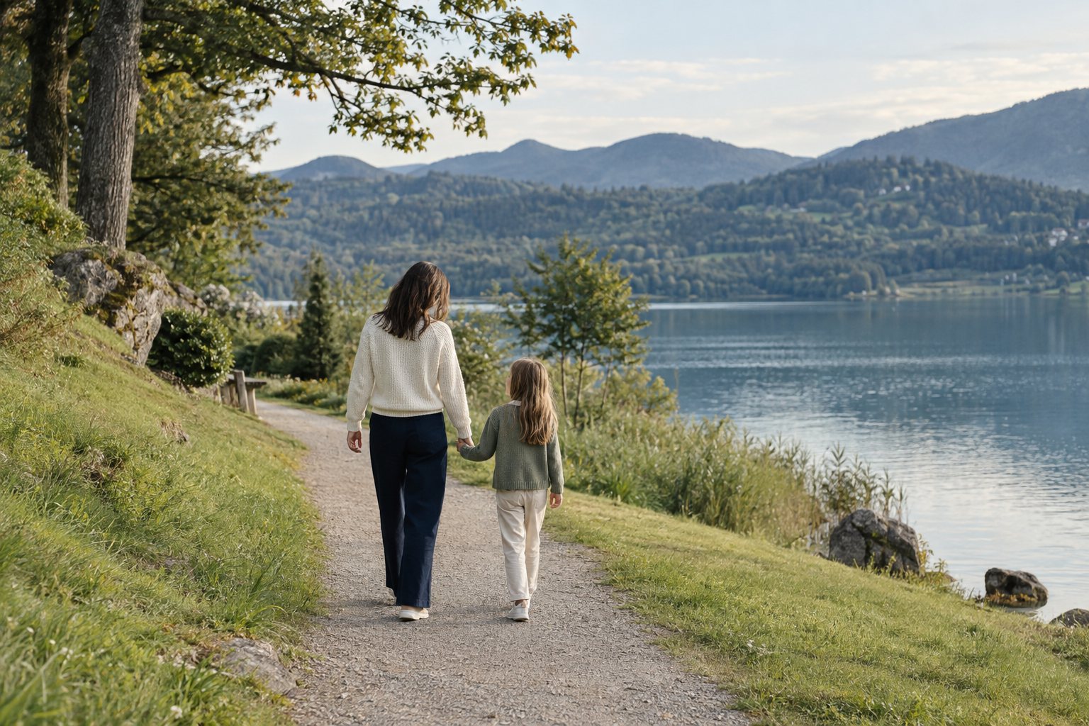 A parent and child walking hand in hand along a lakeside path
