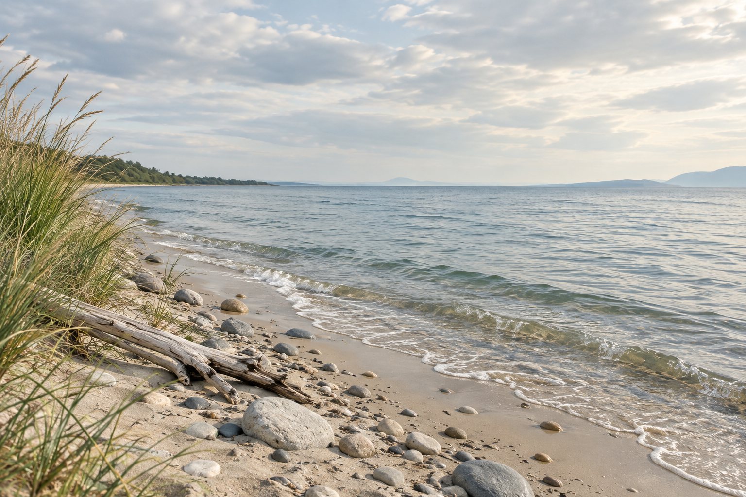 A calm lake shoreline with beach grass and driftwood