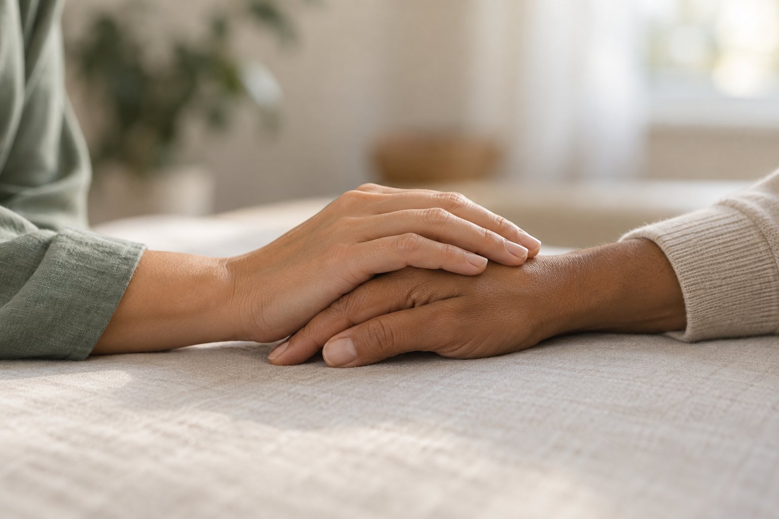 One person's hand resting reassuringly on another's