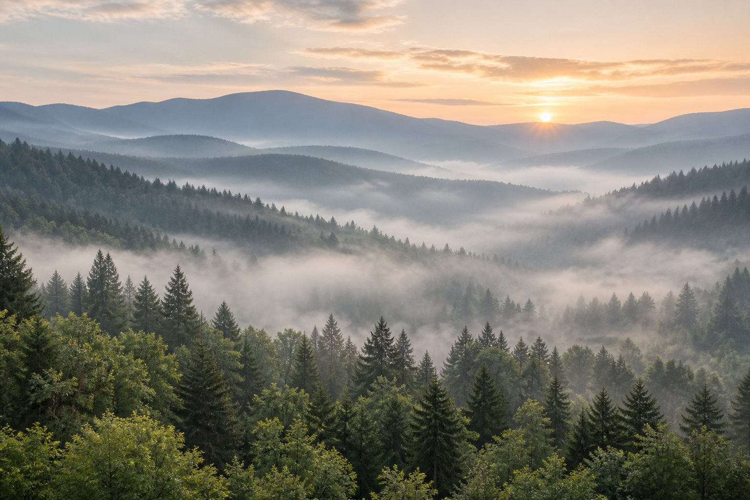 Mist rising over forested hills at sunrise