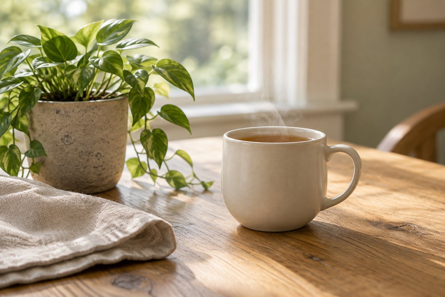 A cup of tea beside a potted plant on a wooden table